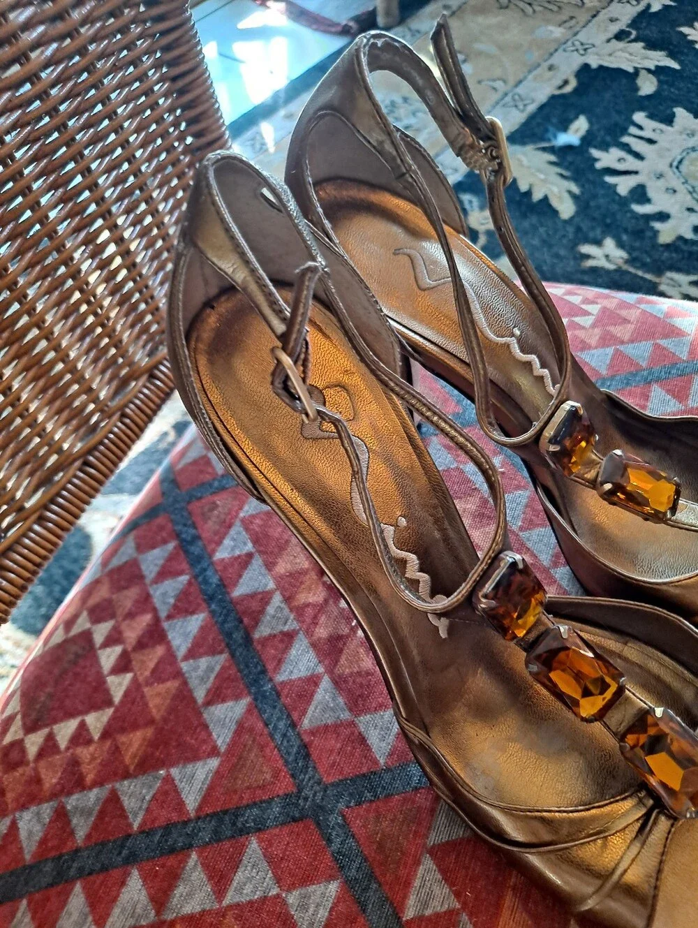 Nina Metallic Gold T-Strap Gemstone High Heels
